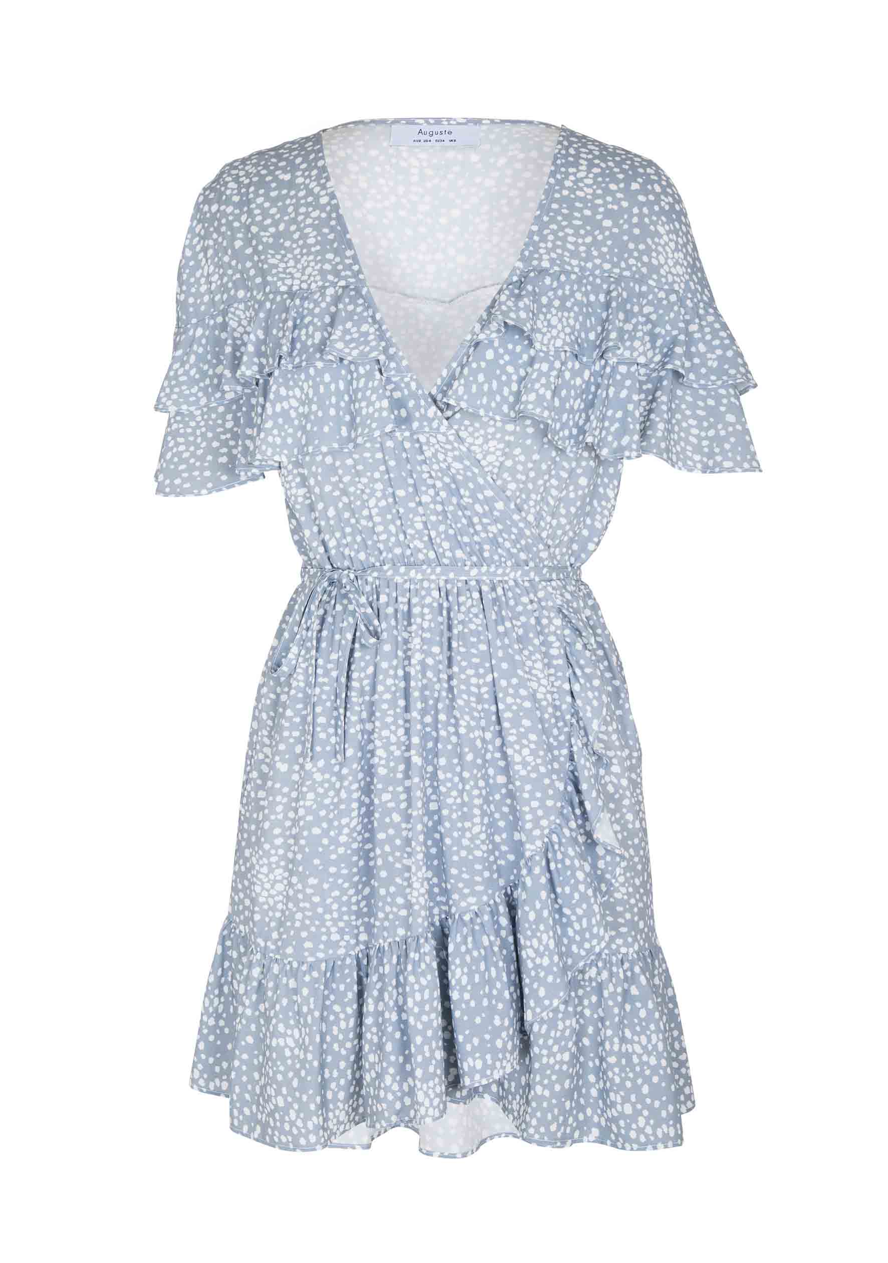 Edie Cascade Wrap Mini Dress Dusty Blue